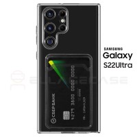 Cиликоновый чехол для Samsung Galaxy S22 Ultra (Самсунг Галакси С22 Ултра) ELLAGECASE с защитой камеры и карманом для пластиковых карт, Прозрачный