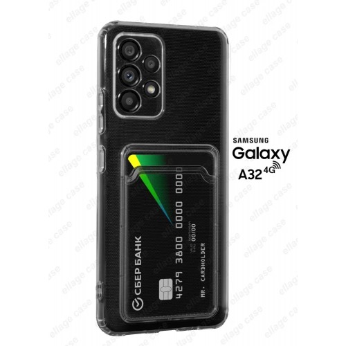 Cиликоновый чехол для Samsung Galaxy A32 4G(Самсуиг Галакси А32) ELLAGECASE с защитой камеры и карманом для пластиковых карт, Прозрачный