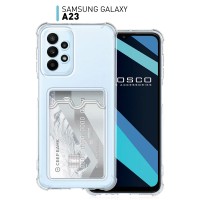 Чехол с карманом для карты на Samsung Galaxy A23 (Самсунг Галакси А23), противоударный чехол ROSCO с защитой модуля камер, прозрачный