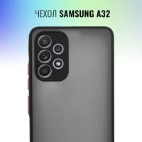 Матовый силиконовый чехол для Samsung Galaxy A32 4G с защитой камеры / Противоударный бампер с софт тач покрытием и защитой экрана на Самсунг Галакси А32 4g, Черный